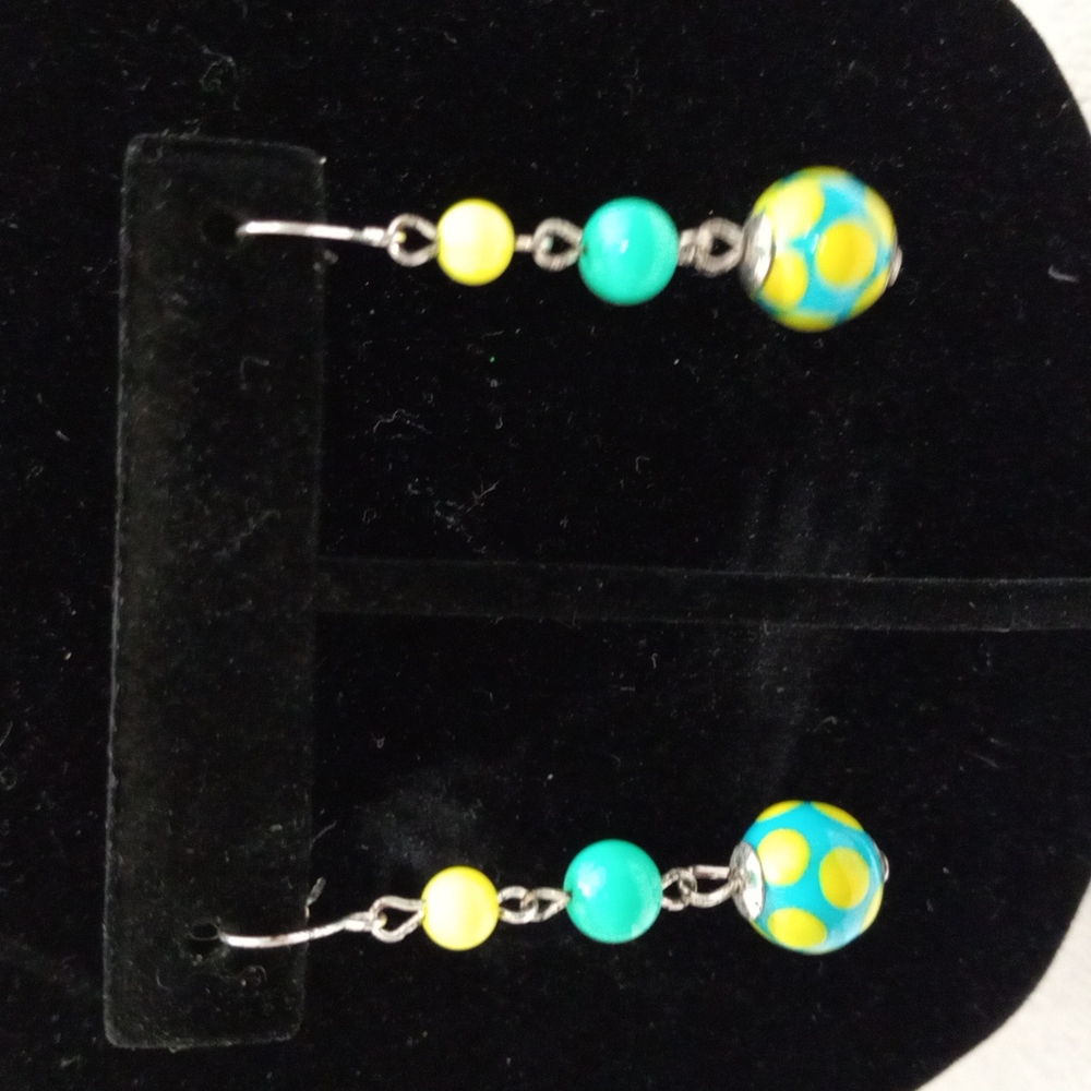 Teal & lime Green Ball Earrings 2" long.